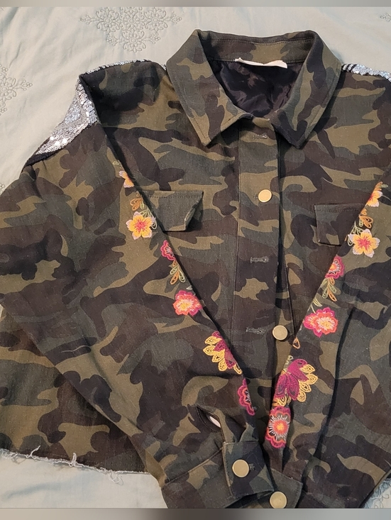 Savanna Jane Jackets & Blazers - Savanna Jane Camo Utility Jacket with Pink & Yellow Floral Embroidery